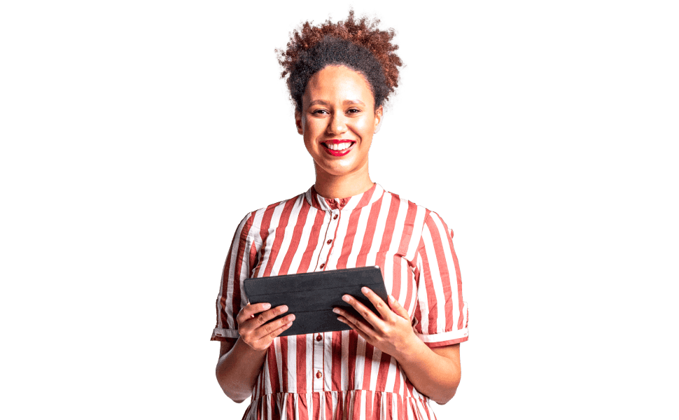 Woman in striped shirt with tablet